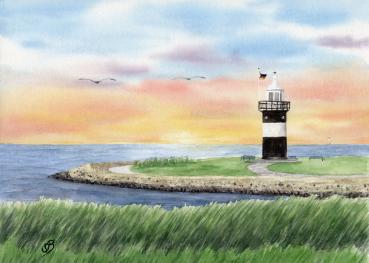Postcard DIN-A6 Watercolor Maritime Art Print North Sea Cuxhaven Wremen Lighthouse Kleiner Preuße Ocean Wurster Nordseeküste